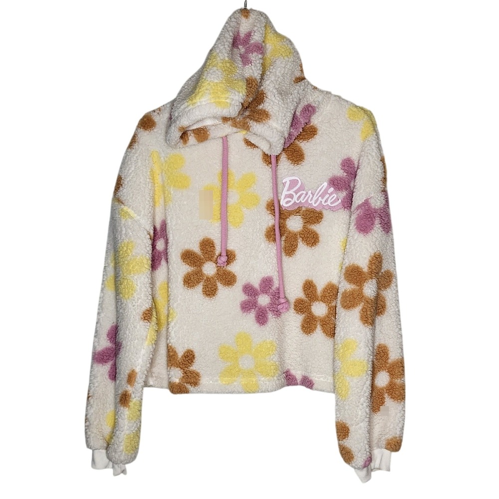 Barbie Grayson Threads Sherpa Fleece Hoodie Floral Cropped Pullover Cream M